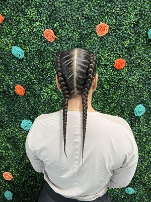 Two Dutch braids w/natural hair only