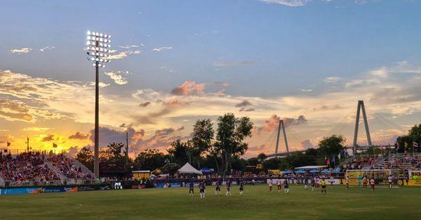 Beautiful sunset over the soccer field.