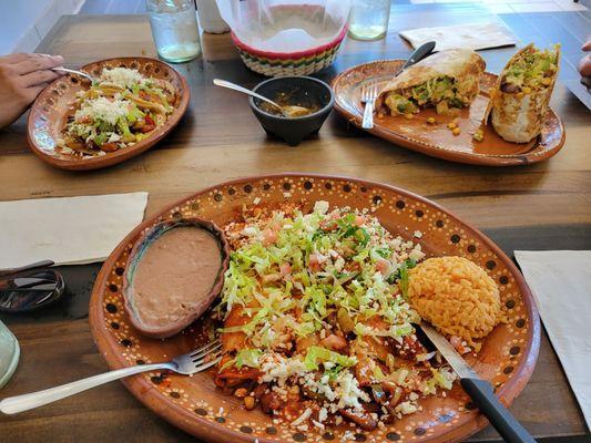 Vegan ench, burrito, and tacos.