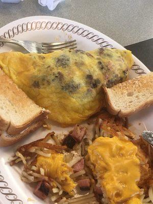 Notice the burned ham in the hash brown and omelette!