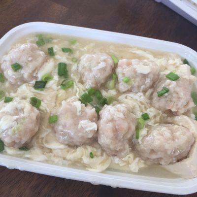 97. 99. Steam Stuffed Tofu with Chicken and Shrimp in White Sauce