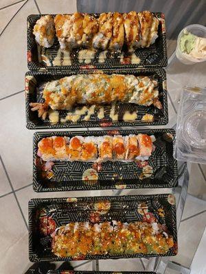 Rocky Road Roll, Shrimp Tempura Roll, Buccaneer Roll, Beauty and The Beast Roll