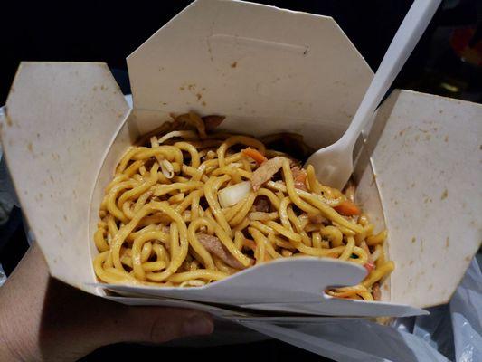 roasted pork lo mein It was filled to the top, I was too hungry I started eating first :)