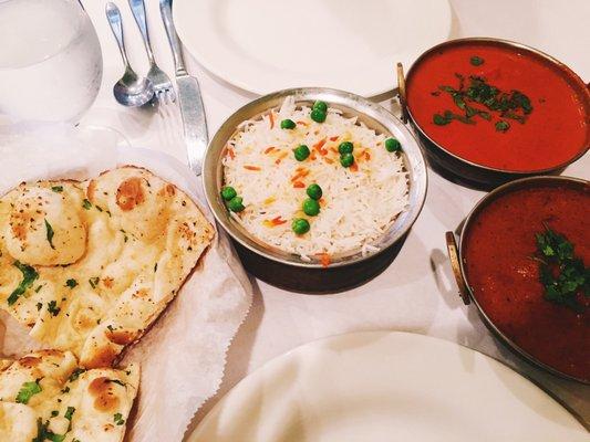 We got the garlic naan, chicken masala (top), and lamb vindaloo (bottom).