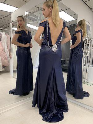 Navy backless ZulaStudio handmade gown with front slit available at https://www.etsy.com/shop/ZulaStudios