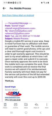 What reputable business would email this to a buyer and then back out of everything!  Well, Fun Town RV did!