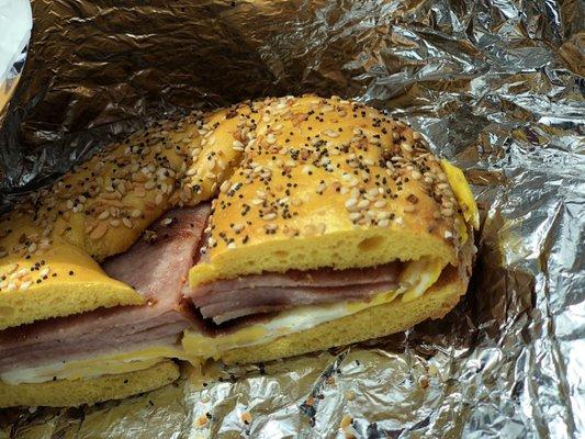 Pork Roll, Egg and Cheese Sandwich on a fagel