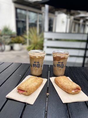 Butterscotch cold brew, Creamy Biscoff cold brew, strawberry & cream cheese danish