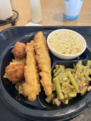 Two 2 Piece Batter Dipped Fish with rice and green beans