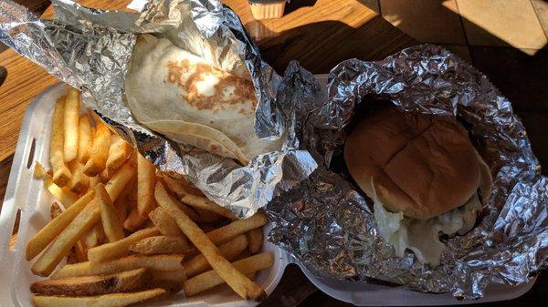 Big double burger, beef quesadilla, cajun fries