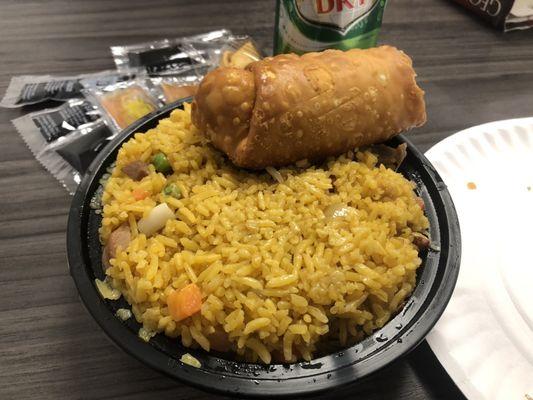 Pork fried rice with an egg roll.