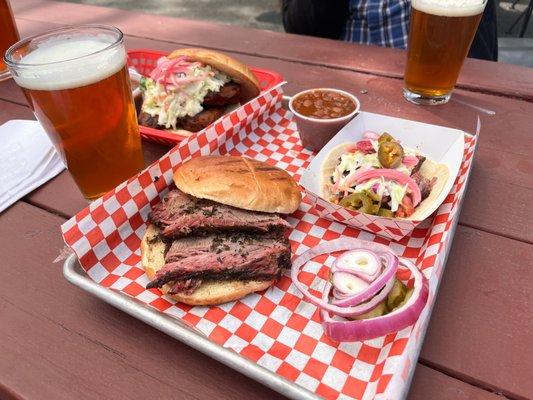 Brisket Samsquanch. Brisket Taco. BBQ Chicken Sandwich. And beer. Duh.