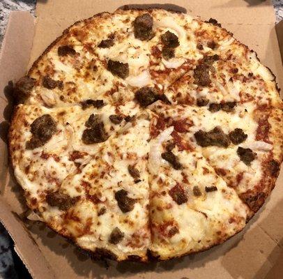 Onion and sausage pizza