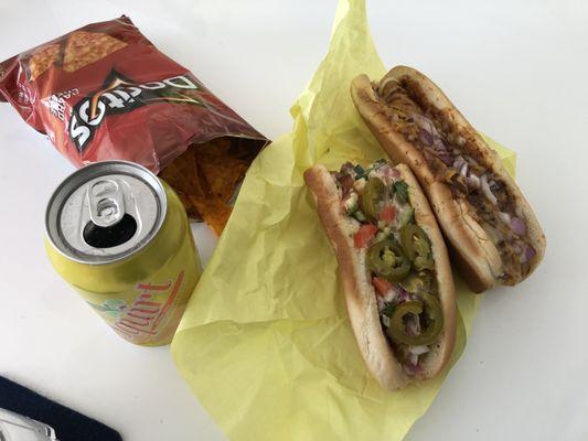 Hot link + Chilli cheese dog + squirt + chips