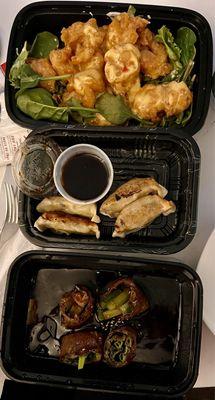 Crispy Rock Shrimp, Pork Gyoza, Beef Negimaki