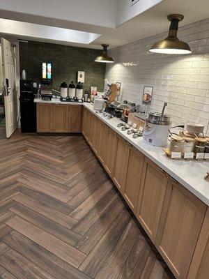 Breakfast Room: buffet counter with coffee, tea, scrambled eggs, sausages, hot cereal, salsa, etc