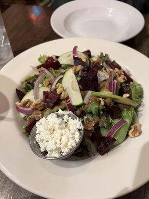 Featured salad, "Fall in a Salad": greens, roasted beets, granny smith apples, goat cheese, walnuts, red onions, and balsamic