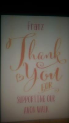 Thank you card for my support for 2014 Avon Walk in S.F.