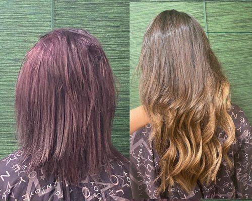 Transformation .. burgundy  eggplant to Baylage of warm browns and blondes