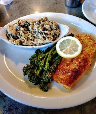 Lemon baked cod w wild rice.