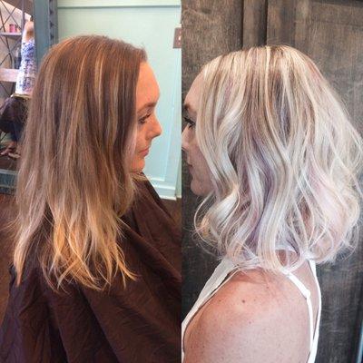 Before and after: Color done by Jeffie, full balayage followed by blush highlights