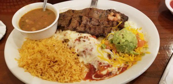 Carne Asada,with beans,rice,enchilada and salad.$15.00