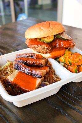 chicken sandwich, glass noodles, pork belly