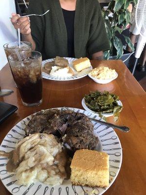 Neck bones, Mashed potatoes w/gravy, greens and corn bread Meatloaf and mashed potatoes w/gravy and Mac n cheese.  Ice Tea