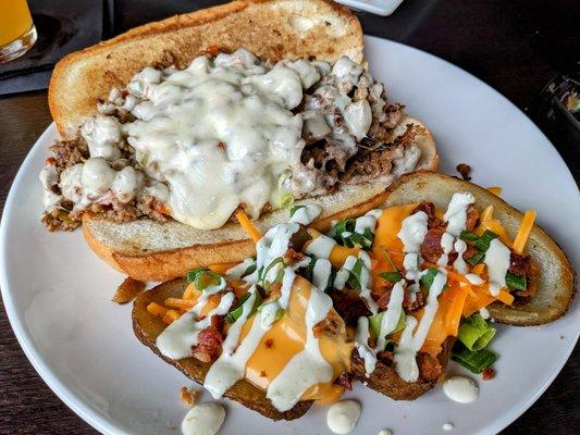 Cheesesteak Sandwich and loaded skins