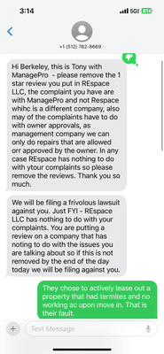 Someone from ManagePro threatening to sue over a review left for RESpace