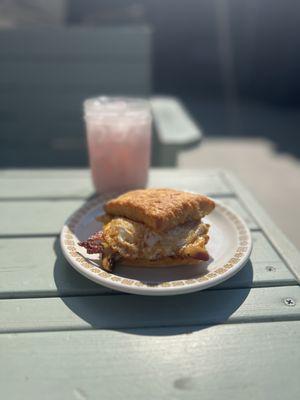 Bacon, egg and cheese biscuit and a lotus