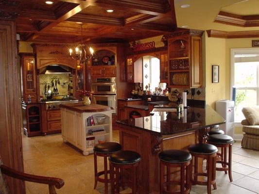 Coffer ceiling, brown maple distressed cabinets, custom kitchen, completed in 3 weeks