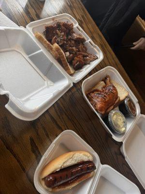 Rib ends, chicken quarter, baked beans, potato salad, and hot dog