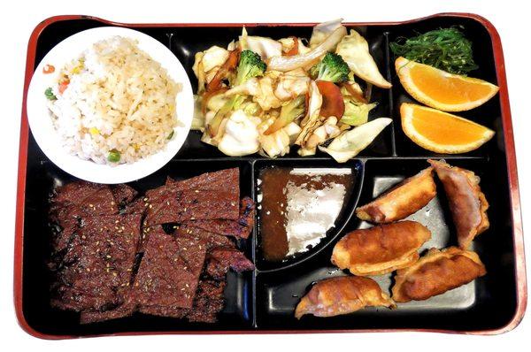 KOREAN BBQ BOX      Bulgogi - $ 9.99 , Kalbi - $ 10.99    ( Rice , Vegetables , Seaweed Salad , Orange , Yaki Mandu )