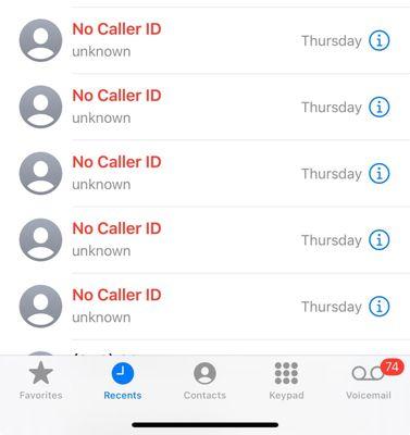 Screenshot of multiple harassing phone calls.