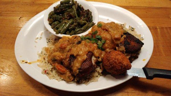 stuffed pork chops with green bean and rice