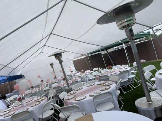 Heaters, tent 20x40, tables, chairs and linens