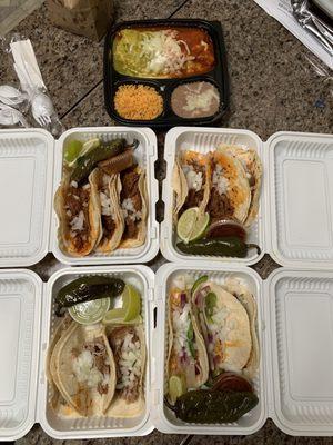 Market Burrito, Mexican Street Tacos (barbacoa + hot salsa, veggie + hot salsa), Dos Hermanos Tacos (carnitas + guac salsa)