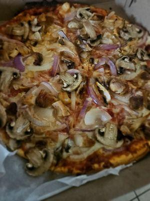 Lunch special! Small onion, mushroom, chicken pizza. Thanks Mr. Brian!