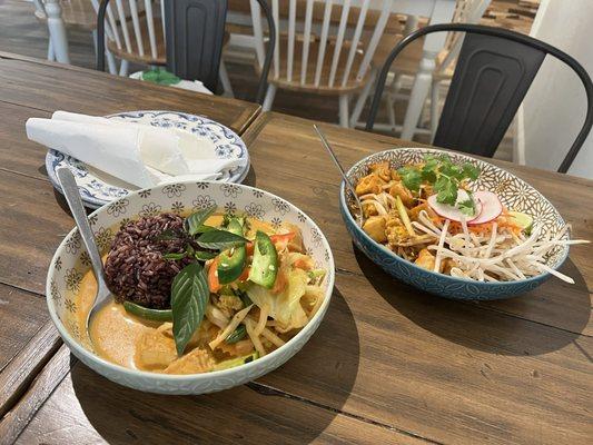 Red curry with vegetables and tofu, brown rice additional $2 AND Pad Thai with vegetables and tofu