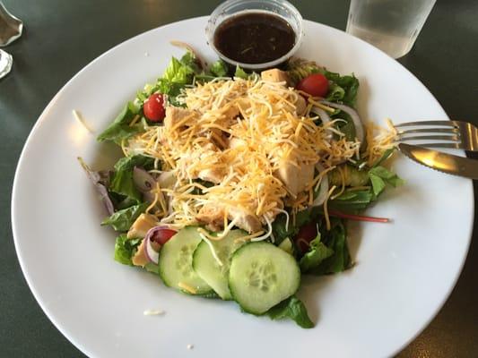 Grilled chicken salad with a side of balsamic dressing (without croutons).