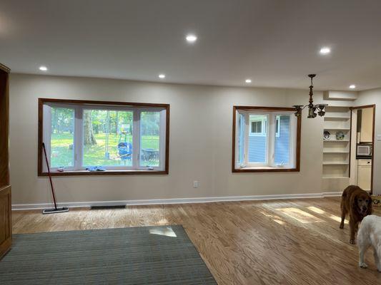 Interior photo of new bay window and shelving next to kitchen