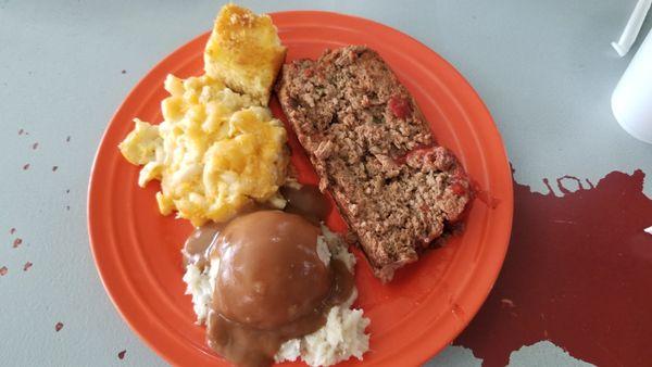 An order of Meat Loaf, Potatoes and Mac n Cheese with Cornbread from Ritchie's.