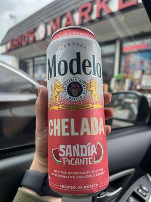 Modelo Chelada in hard-to-find Sandia flavor. Don't drink in the parking lot though. Wait til you get home!