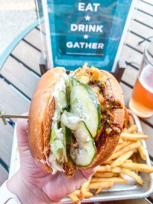 Nashville hot pulled chicken sandwich with garlic fries. Soooo good!