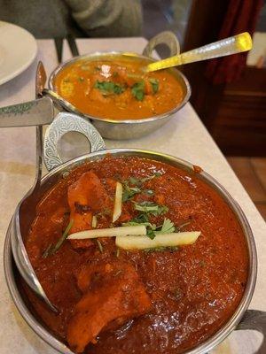 Chicken vindaloo in foreground and chicken tikka masala in rear.