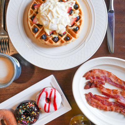 Waffle, bacon, donut, coffee