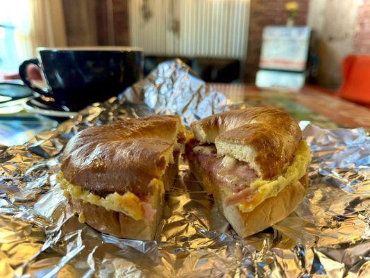 Ham egg and cheese bagel sandwich