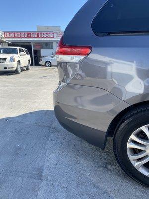 Quick bumper + quarter panel repair on this Toyota Sienna. Quality work, done quickly and efficiently. In & out in 2 days!