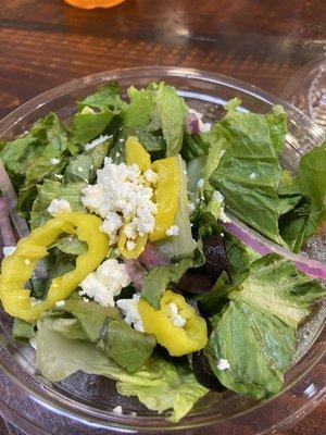 Greek salad, pretty good outside of the wilted pieces of lettuce.